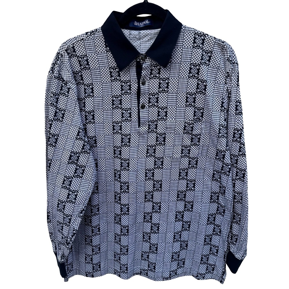 Danpol Mens Vintage Geometric Houndstooth Patchwork Long Sleeve Polo Shirt Black